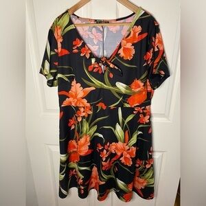 Tropical Floral Black and Red Mini Dress, Hawaiian Sundress Size 2X